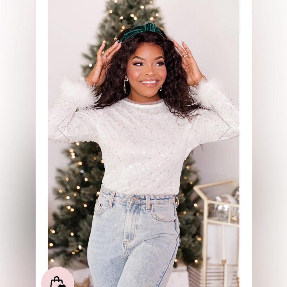PINK LILY HOLIDAY HAPPINESS IVORY FEATHER CUFF SEQUIN BODYSUIT
